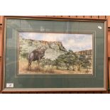 Estelle Van Schalkwyk framed watercolour of wildebeest in a South African landscape, 25cm x 44cm,