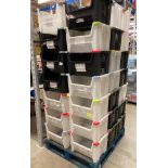 Contents to pallet - 42 black and clear plastic stacking crates,