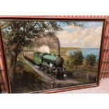 D Hey '87, large framed oil on board 'LNER 2747 The Percy steaming past a bay', 92cm x 120cm,