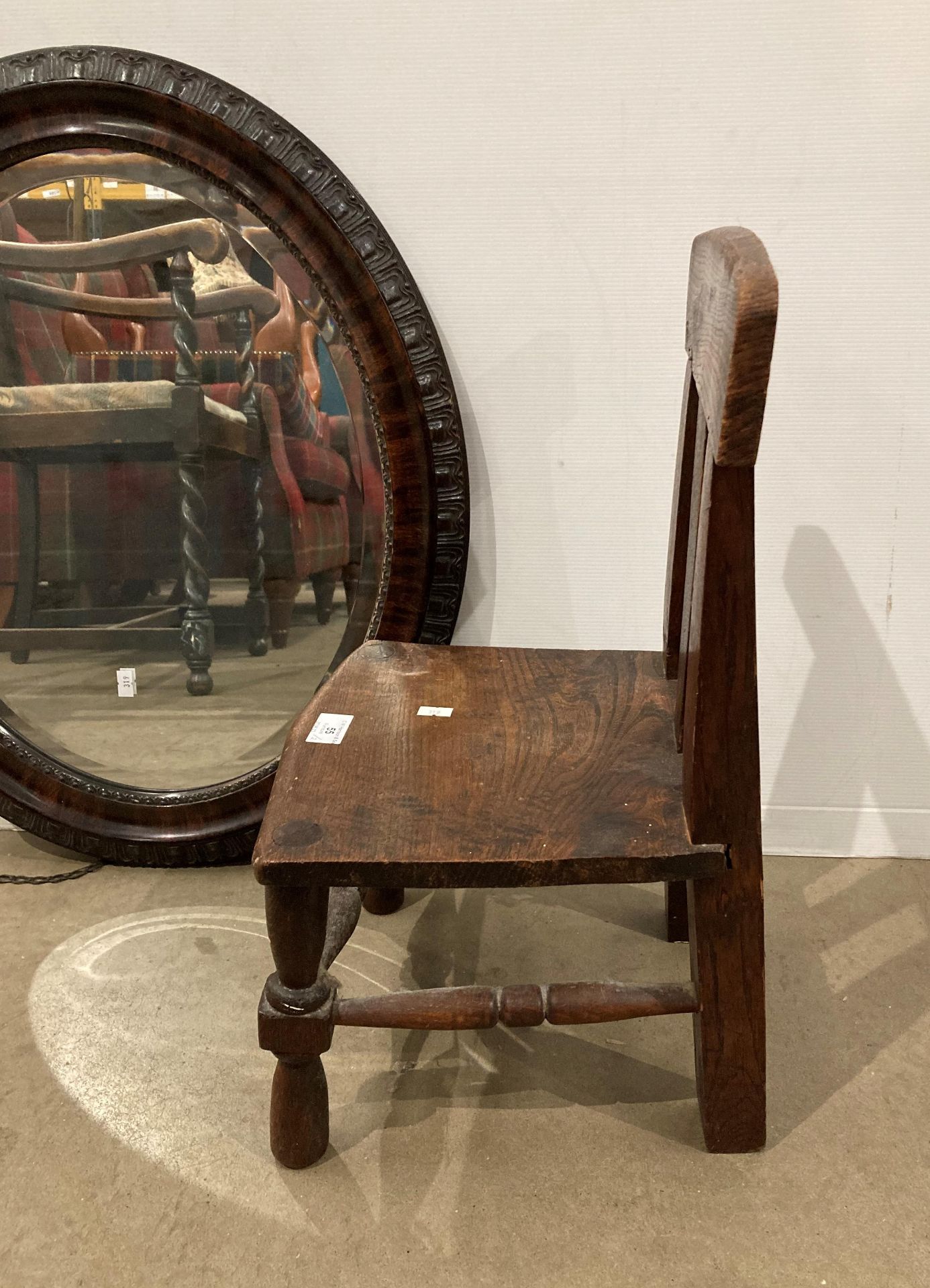 Two items - a small child's oak chair on turned legs and supports and a carved mahogany oval wall - Image 2 of 3