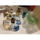 Contents to part of rack - pressed glass dishes, trinket boxes, pair of figurines,