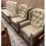 An HSL supplied in 2014 light brown floral patterned three piece suite comprising three seater