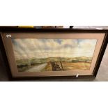 M Burley framed watercolour "country lane round Huddersfield with Emley Moor Mast and Castle Hill