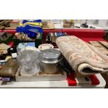 Remaining contents to tabletop - small Chinese rug, various board games, pressure cooker,