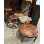 Six items - two teak framed bedroom chairs with woven seats, mahogany circular coffee table,