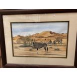 Estelle Van Schalkwyk framed watercolour of oryx (possibly gemsbok) in a South African landscape,