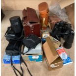A pair of Zenith 10x50 binoculars in case, Nikon AF220 camera, Yashica and other cameras,