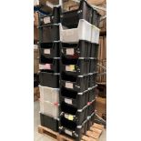 Contents to pallet - 32 black and clear plastic stacking crates,