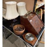 Six items - coal purdonium (no metal liner), two table lamps, wood bowl,