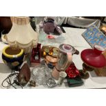 Contents to part of table - table lamps, Prestige blender, barometer etc.