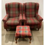 Pair of high-back armchairs model: Elizabeth chair in a Torrin plaid ruby tartan fabric and a