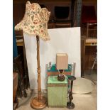 Seven items - an oak standing lamp, Lloyd Loom laundry basket, two vintage camp chairs,