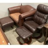 Laura Ashley brown leather arm chair with matching foot-stool,