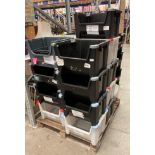 Contents to pallet - 25 black and clear plastic stacking crates,