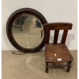 Two items - a small child's oak chair on turned legs and supports and a carved mahogany oval wall