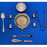 Ten silver items (hallmarked) including spoon, sugar tongs, Scottish Thistle, fork, small bowl,