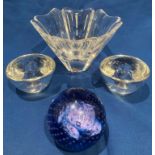Three Orrefors Sweden crystal items including an orion bowl by Lars Hellsten with code to base (see
