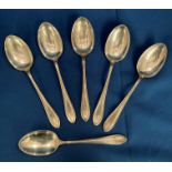 Set of six silver hallmarked dessert spoons (Birmingham, 1934?) by E V, total weight 11.