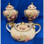 Pair of Aynsley lidded urns hand-painted by D Jones and a matching double-handled lidded pot