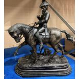 Bronze statue - soldier on horse back on black marble base with signature to base, 52cm long,