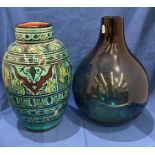 Two handmade items - clay vase by Bel-Khadir Safi 35cm high and a green class vase 37cm high