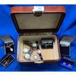 Leather jewellery box and contents - two silver (hallmark 925) chains and pendants, four watches,