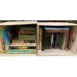Two boxes of assorted books including aviation, weapons, warfare, engines, birds,