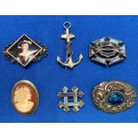 Six silver brooches including gilt tiled, anchor , enameled and cameo, etc (some damaged), weight 1.