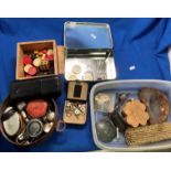 Contents to box - black leather cigar case, two watches, cufflinks, compas, crowns, draughts pieces,