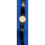 Ladies Mappin & Webb gold coloured wrist watch with black leather strap (saleroom location: S3 GC6)