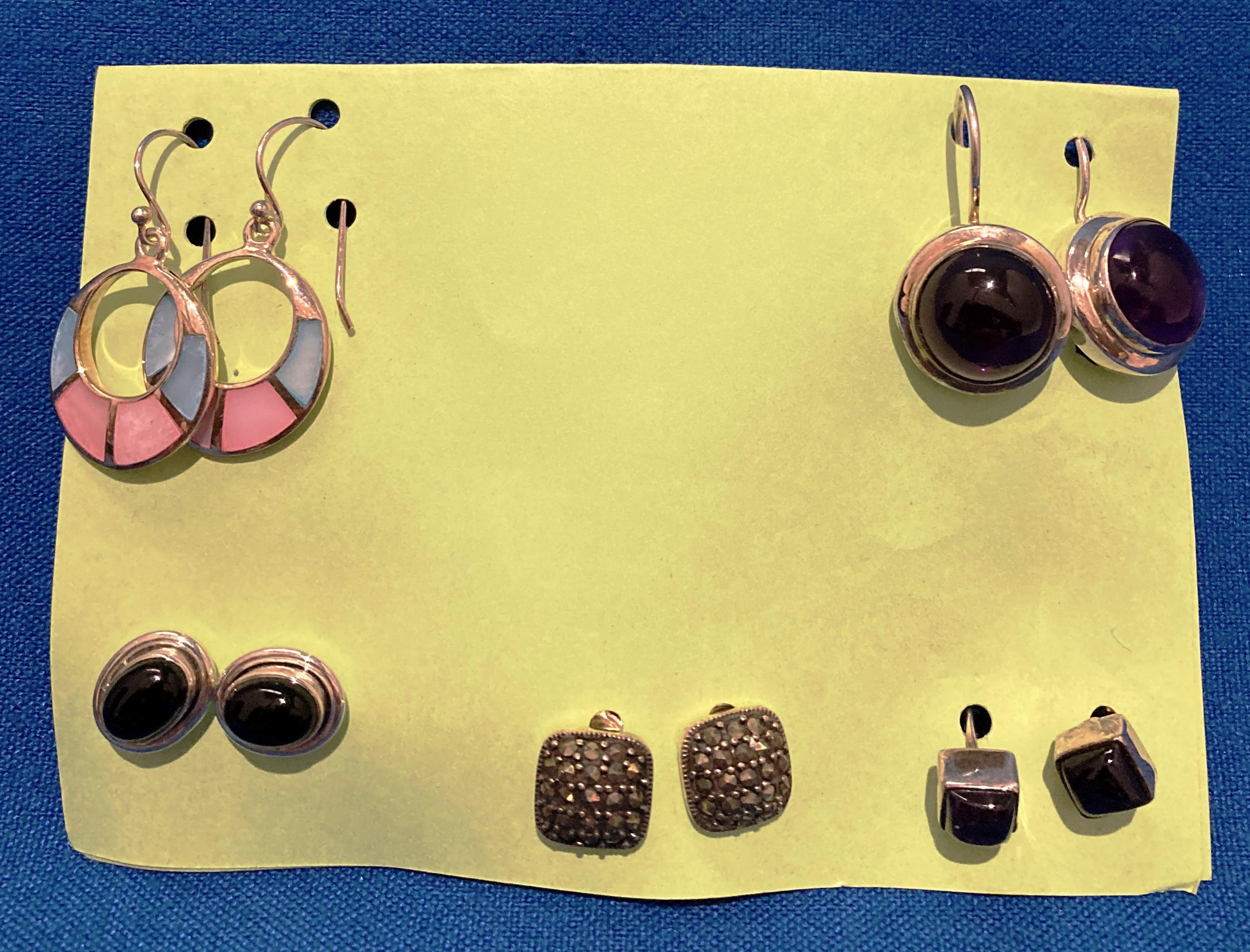 Five pairs of Sterling Silver [stamped: 925] earrings with assorted stones (saleroom location: S3