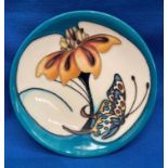 Moorcroft small dish/plate with flower and butterfly, dated 2007,