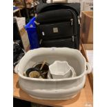 Seven assorted items including Trip Travel suitcase, copper pans and ladle,