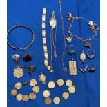 Seventeen assorted silver items including charm bracelet, rings, ingot coin bracelets, bangle,