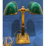 Double bankers table/desk lamp in brass with green and white glass shades (240v - no test,