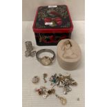 Contents to tin, assorted earnings including silver, pair of gold coloured earrings,