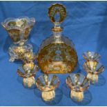 Vintage Art Deco Polish seven-piece amber cut glass decanter set including decanter with stopper,
