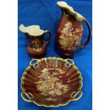 Three pieces of Crown Devon Fieldings rouge ware - dish 33cm dia with wire hanging frame and two