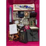 Contents to tray - costume jewellery including brooches, necklaces, compact, religious items,