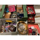 Contents to two boxes - assorted costume jewellery including brooches, necklaces,