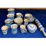 Sixteen pieces of blue and white Cornish kitchenware by T G Green & Co including a rolling pin and