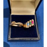 Two gold rings - one with ruby, sapphire, emerald and small diamond - size M, weight 4.