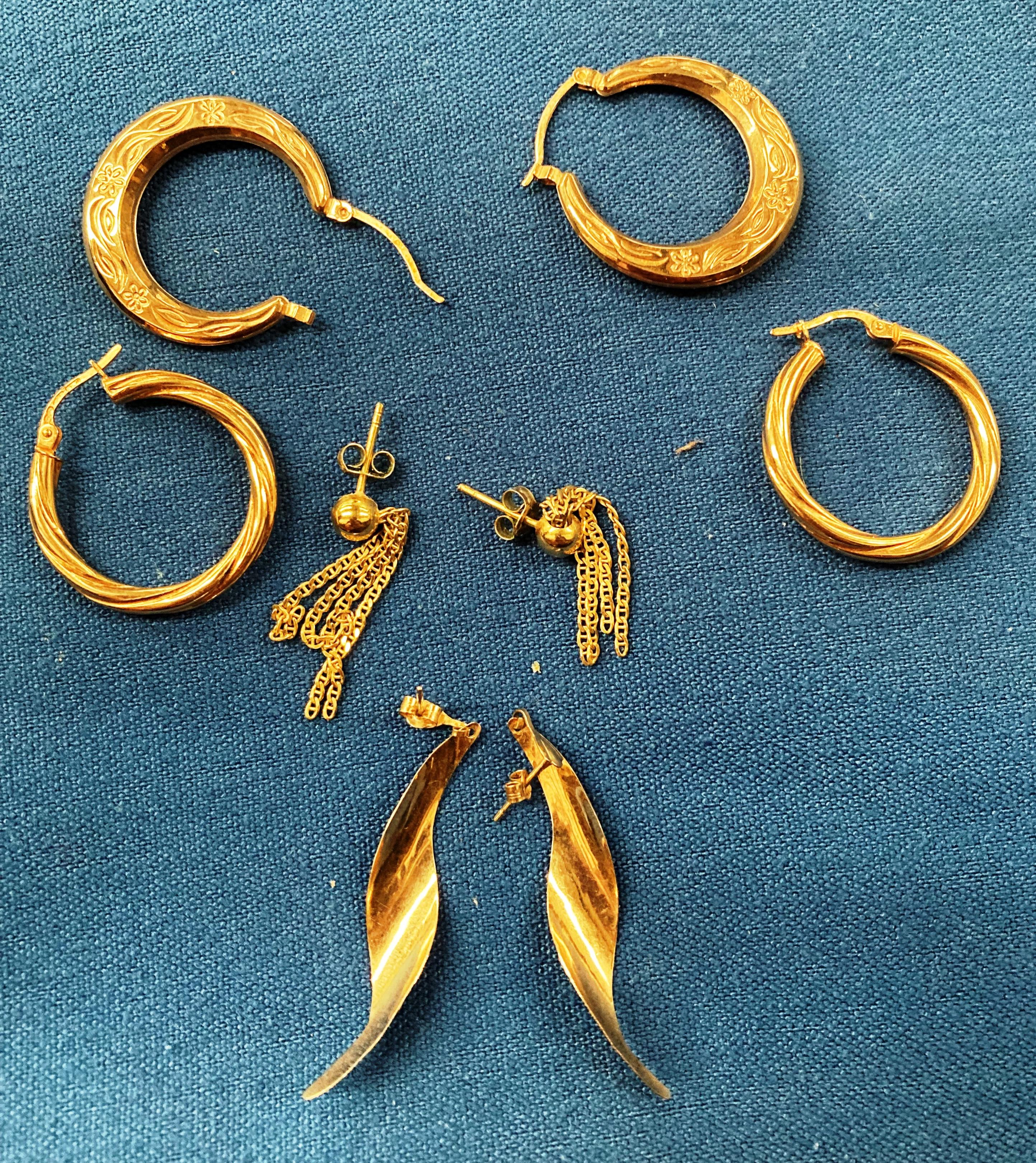 Four pairs of 9ct gold earrings. Weight - 6.