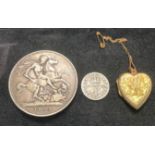 1895 Victoria silver crown and 1912 3 pence and a gold-plated heart locket. Total silver weight - 0.