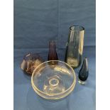 Five assorted glass and crystal items - including Dartington Crystal bowl, a signed bud vase,
