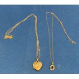 9ct gold 16" chain with a diamond and sapphire pendant (not tested) and a 9ct gold 18" chain with