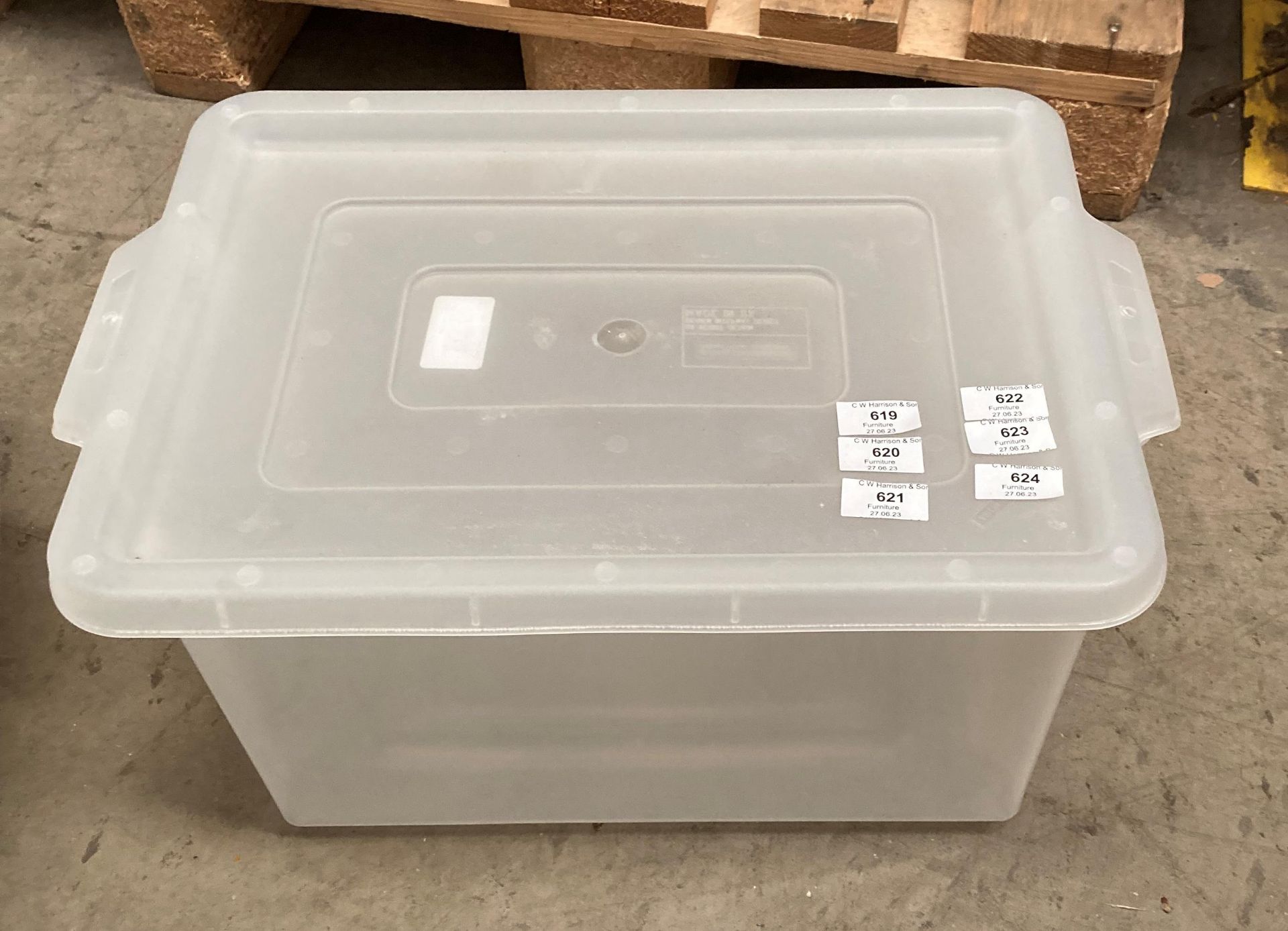 19 x clear plastic 30 litre storage boxes with lids,