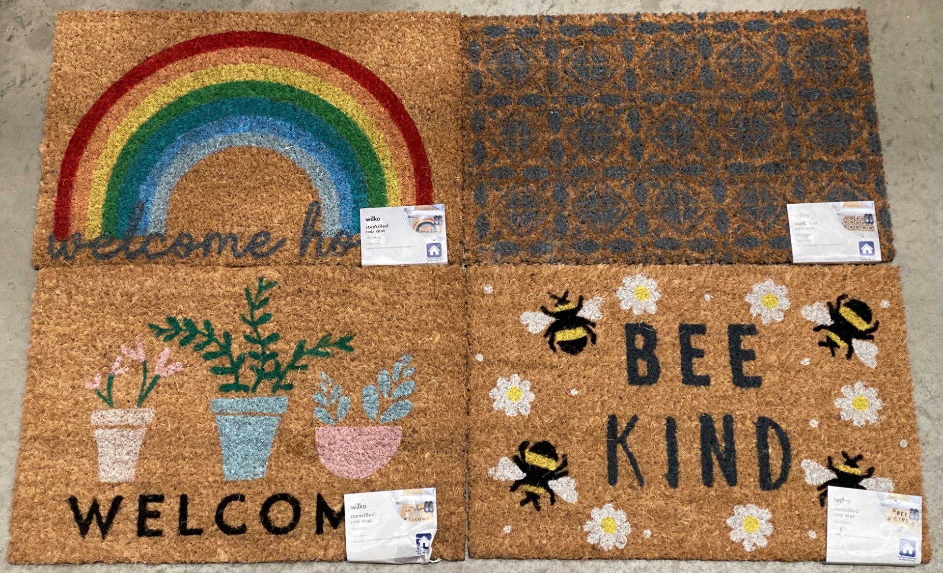 25 x assorted stencilled coir mats - 38cm x 58cm - Wilko etc in various designs.