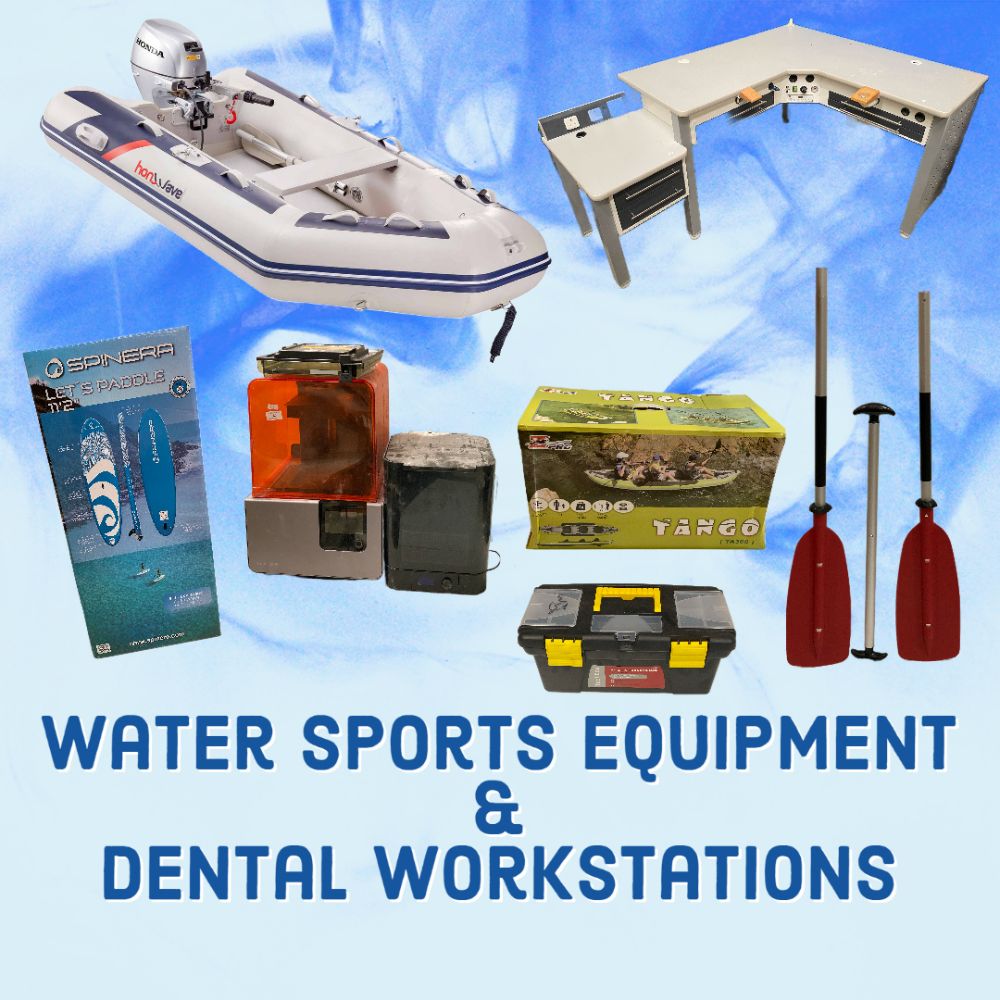 Water Sports Equipment incl. Paddle Boards, Kayaks, Boats & Outboard Motors, plus Dental/Denture Workstations with Extraction Systems. etc