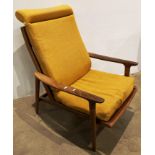 Mid-Century teak Guy Rogers arm chair with mustard coloured fabric upholstery,